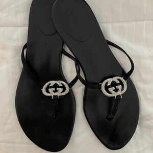 Gucci Black Satin/Leather Interlocking GG Crystal Thong Sandals Size 7